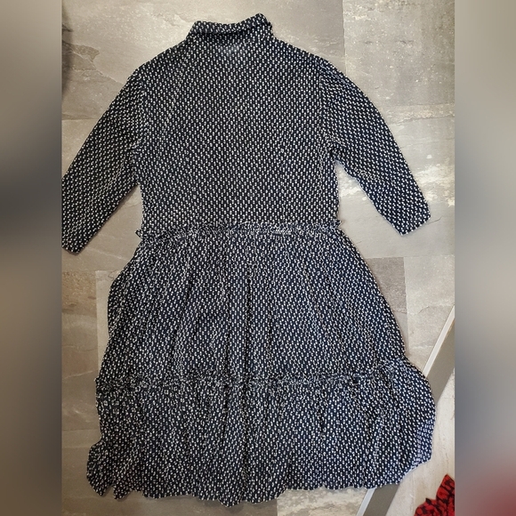 Claudie Pierlot Paris "Ruffled Shirt Dress". Textured. Navy Blue & White. 4 US. - Picture 10 of 15